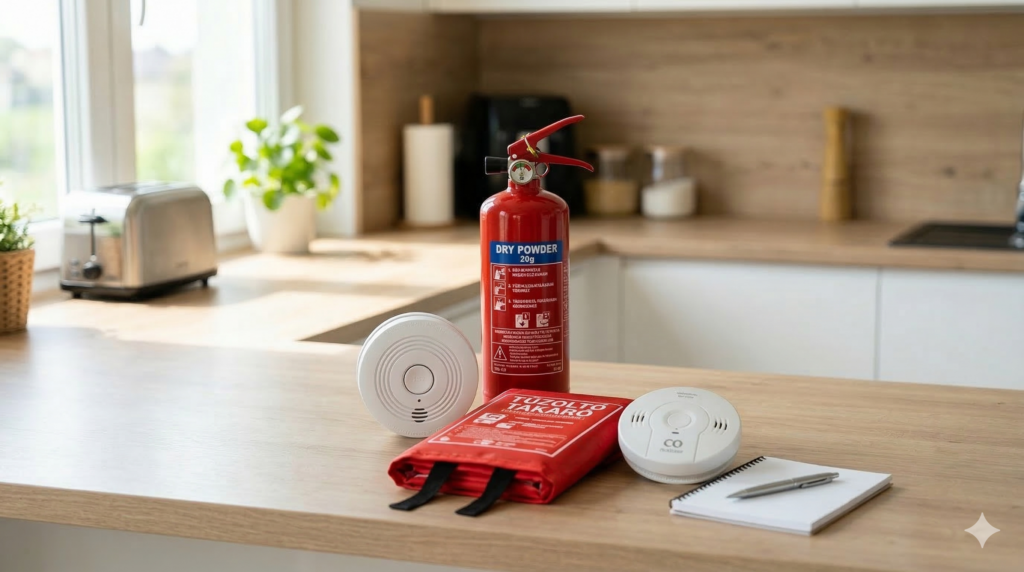 Tűzvédelmi alapfelszerelések egy konyhapulton: porral oltó készülék, tűzoltó takaró, füstérzékelő és szén-monoxid érzékelő.