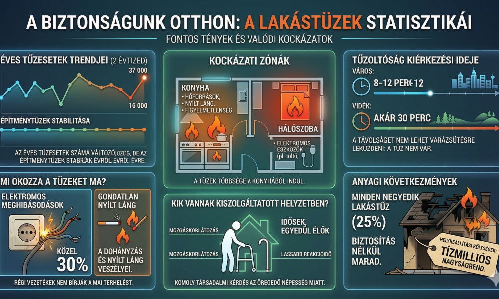 Infografika a magyarországi lakástüzek statisztikáiról, amely bemutatja a leggyakoribb okokat, a kockázati zónákat és a tűzoltóság várható kiérkezési idejét.