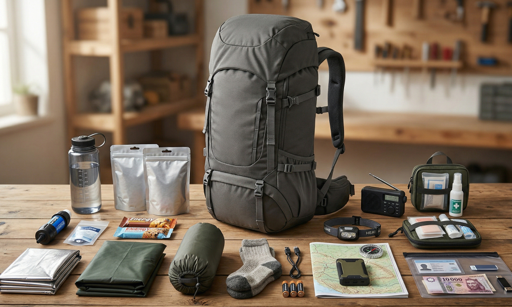 Bug out bag és tartalma egy asztalon
